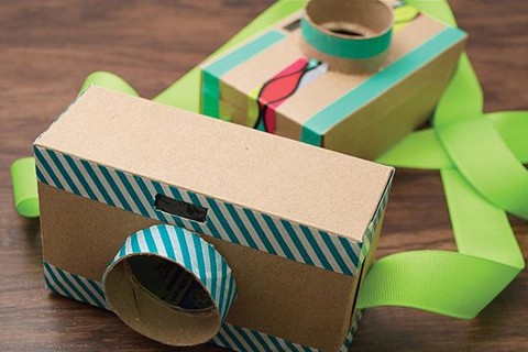 Toy cameras made from cardboard boxes.